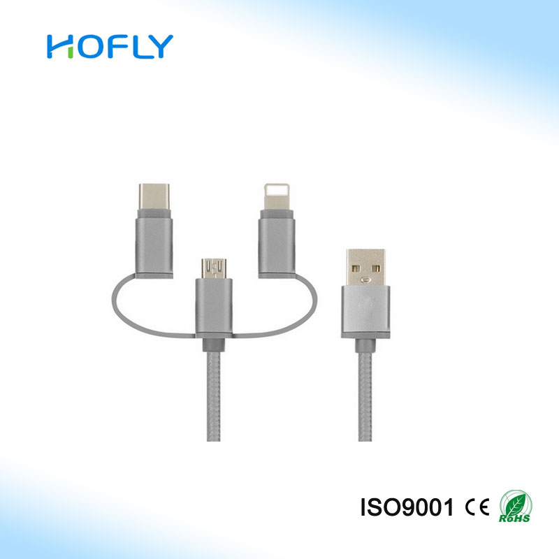 woven fabric metal shell charger Cable 3in1 Micro USB Type-C